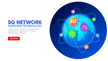 Planet earth with icons around. 5G network wireless technology. Telecommunications communication standard of the new generation. Fifth generation of mobile communication. High-speed mobile Internet.