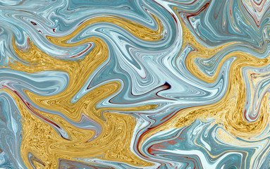 Marble abstract acrylic background. Nature blue marbling artwork texture. Gold glitter.