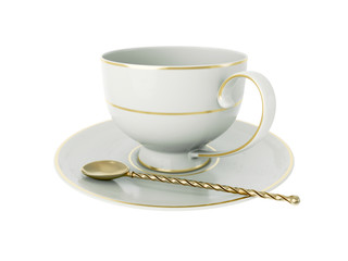 Antique white porcelain cup with gold, gold tea spoon on white. 3D Illustration
