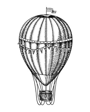 Vintage Hot Air Balloon. Vector retro flying airship with decorative elements. Template transport for Romantic logo. Hand drawn Engraved sketch.