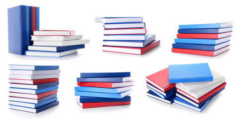 Set with many books on white background