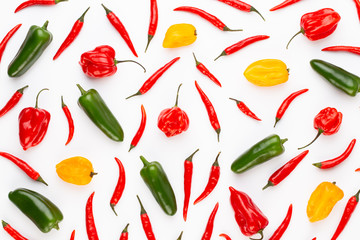 Spice herbal leaves and chili pepper on white background. Vegetables pattern. Floral and vegetables on white background. Top view, flat lay.