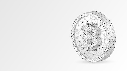 Bitcoin cryptocurrency on a Coin. Polygonal business, money, currency, cash, circle concept. Abstract, digital, wireframe low poly mesh Raster white origami 3d illustration. Triangle line dot