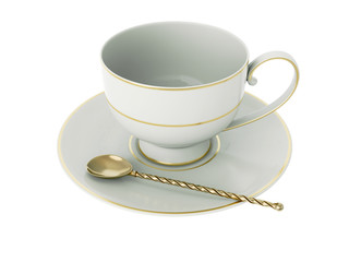 Antique white porcelain cup with gold, gold tea spoon on white. 3D Illustration