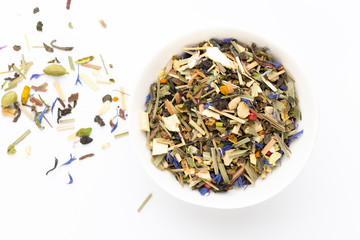 Herbal tea on a white background. Top view.