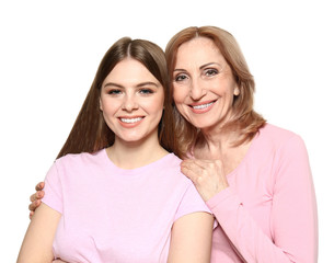 Portrait of happy mother with her daughter on white background