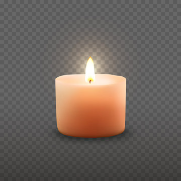 Aromatic wax round spa candle with burning flame light isolated on transparent background. Vector 3D realistic candlelight element design.