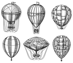 Set of Hot Air Balloons. Vector retro flying airships with decorative elements. Template transport for Romantic logo. Hand drawn Engraved vintage sketch.