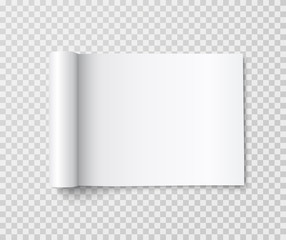 Rolled landscape magazine with white paper pages isolated on transparent background. Vector open blank book, catalog or brochure with folded sheets mockup.