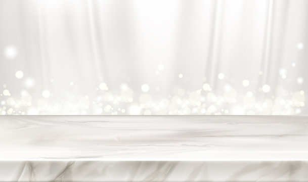 Marble stage or table with white silk curtains background and glowing sparkles. Elegant decorative backdrop with pearly chiffon flowing fabric drapery and soft light. Realistic 3d vector illustration