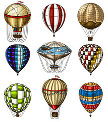 Fototapeta premium Set of Hot Air Balloons. Vector retro flying airships with decorative elements. Template transport for Romantic logo. Hand drawn Engraved vintage sketch.
