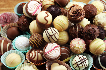 a lot of variety chocolate pralines, belgian confectionery gourmet chocolate praline.
