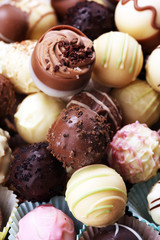 a lot of variety chocolate pralines, belgian confectionery gourmet chocolate praline.