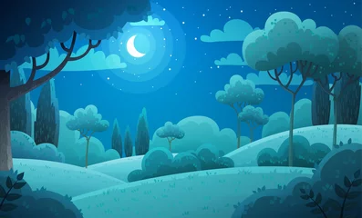 Gardinen Vektorillustrationshintergrund der italienischen Landschaft. Hügellandschaft mit Pinien und Zypressen. Nachtlandschaft mit Mond und Sternen im dunkelblauen Himmel. © Midorie