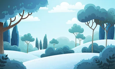 Rolgordijnen Vector afbeelding achtergrond van het Italiaanse platteland. Heuvellandschap met pijnbomen en cipressen. Winterlandschap met besneeuwde heuvels en bevroren bomen. © Midorie