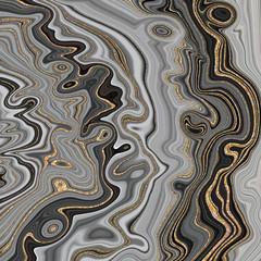 abstract background, black and white wavy lines with gold glitter veins, modern marbling, fake...