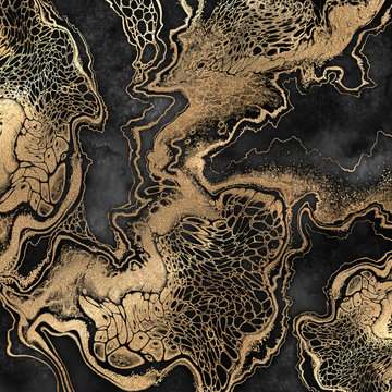 Abstract Liquid Acrylic Painting, Gold Veins On Black Background, Creative Watercolor Wallpaper, Marbling Illustration