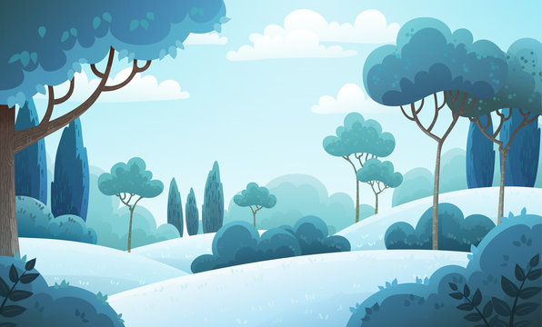 Vector illustration background of the Italian countryside. Hill landscape with pines and cypresses. Winter scenery with snow covered hills and frozen trees.
