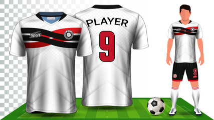 Soccer Jersey and Football Kit Presentation Mockup Template, Front and Back View Including Sportswear Uniform, Shorts and Socks and it is Fully Customization Isolated on Transparent Background.