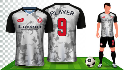 Soccer Jersey and Football Kit Presentation Mockup Template, Front and Back View Including Sportswear Uniform, Shorts and Socks and it is Fully Customization Isolated on Transparent Background.