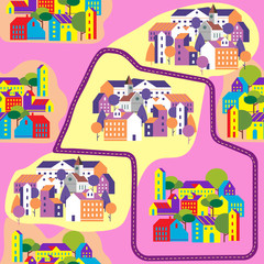 Obraz premium Minimal cityscape. Flat town houses with eco nature environment, modern geometric buildings. Cityscape background, seamless pattern vector illustration