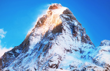 Mountain peak Everest. Highest mountain in the world. National Park, Nepal.