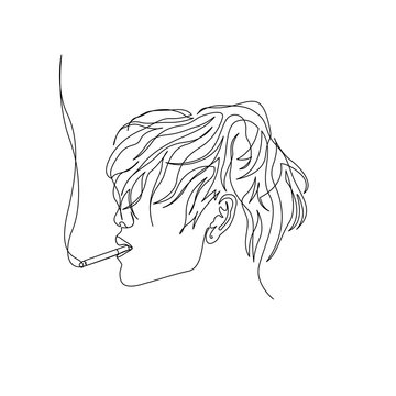 Continuous one line man with wavy hair smoking cigarette, side view. Art