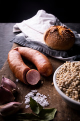 Sausage and bread, traditional peasant food. Home cooking.