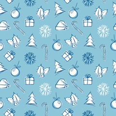 X-mass and New year seamless pattern. Winter holiday doodles. Graphic design for celebration decor, card or wrapping paper.
