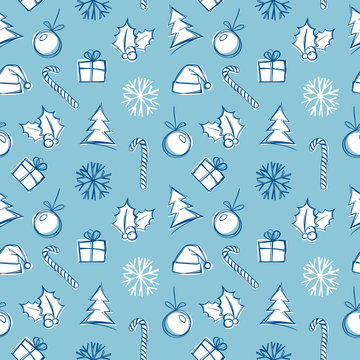 X-mass and New year seamless pattern. Winter holiday doodles. Graphic design for celebration decor, card or wrapping paper.