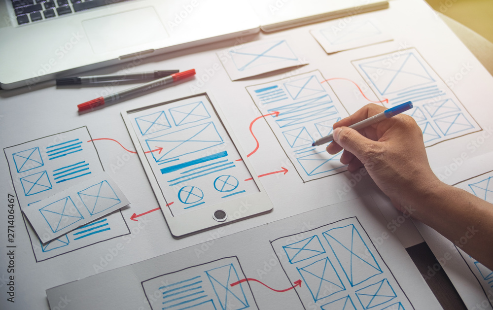 Poster ux graphic designer creative sketch planning application process development prototype wireframe for