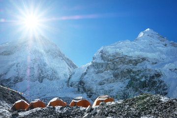 Everest base camp. Mountain peak Everest - highest mountain in the world. National Park, Nepal. - obrazy, fototapety, plakaty