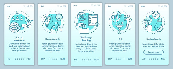 Startup investment onboarding mobile app page screen with linear concepts