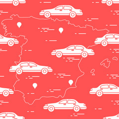Pattern with cars and map of Spain. Travel and leisure.