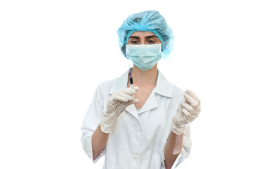 Doctor with ampoules isolated on white background