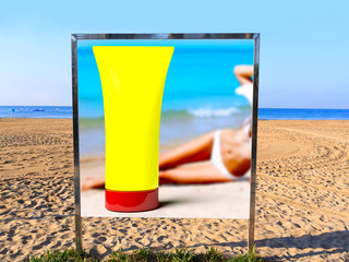 Billboard on a beach, summer skin care concept