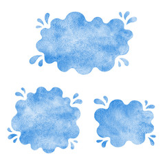 Liquid blue watercolor rounded shapes, frames with uneven wavy edge. Water, fluid, paint puddle, stain, blot with splashes, drops, blobs, droplets. Watercolour design elements, backgrounds for text.