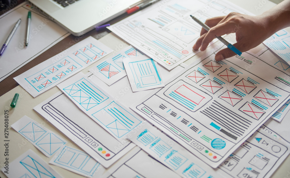 Poster Website designer Creative planning application developer development draft sketch drawing template layout prototype framework wireframe design studio . User experience concept .