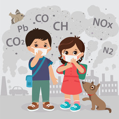 Cartoon School Kids In Masks Because Of Fine Dust, Boy And Girl Wearing Mask Against Smog. Ecology Concept Air Pollution. Co2, Pb, Ch, Nox Emissions Cloud Vector Illustration.