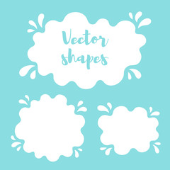 Liquid rounded shapes, frames with uneven wavy edge, contour. Water, fluid, paint, milk puddle, stain, blot with splashes, drops, blobs, droplets. Design elements, backgrounds for text, lettering.