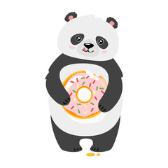 Cute panda eating donut flat vector illustration
