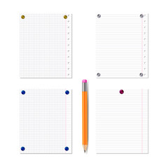 Vector Blank Note Book Pages Pinned by Realistic Pin Buttons, Set with Pencil Isolated.