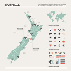 Image of Vector map of New Zealand. Country map with division, cities and capital Wellington. Political map, world map, infographic elements. printed on Printed Glass Basin Splashbacks