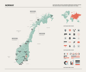 Vector map of Norway. Country map with division, cities and capital Oslo. Political map,  world map, infographic elements.