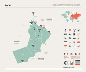 Vector map of Oman. Country map with division, cities and capital Muscat. Political map,  world map, infographic elements.