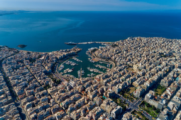 Aerial drone panoramic photo of Piraeus and Marina of Zea (pasalimani) in daylight, Attica, Greece.