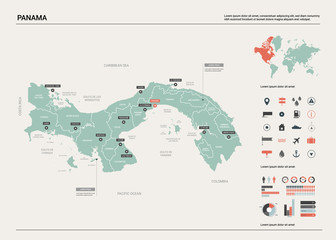 Vector map of Panama. Country map with division, cities and capital. Political map,  world map, infographic elements.