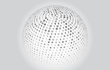 Abstract binary sphere. Digital computer code on the grey background. Data transfer vector concept.