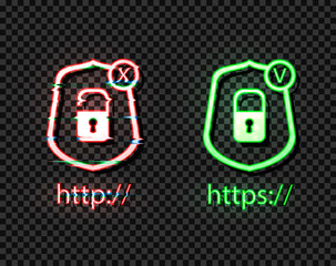 Vector Neon Icons: http and https Protocols with Lock, Bright Symbols, Check and Cross: Right and Wrong Symbols, Glitch Effect.