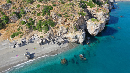 Fototapeta na wymiar Aerial drone view of Mediterranean paradise river with palm trees flowing to sandy deep turquoise beach